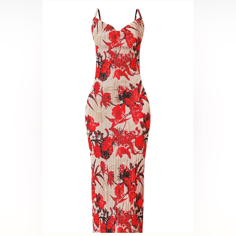 PLT - Nude Floral Print Plisse Strappy Maxi Dress